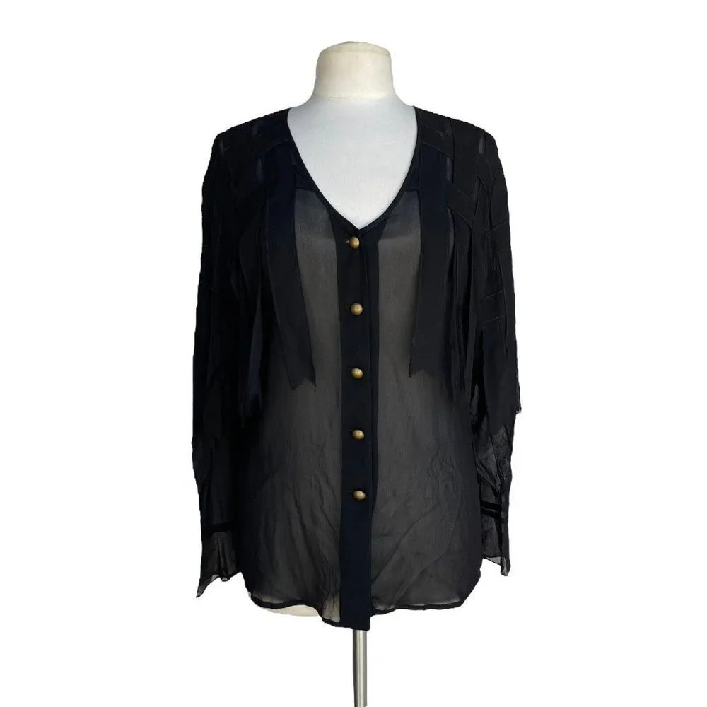 DINA BAR EL Women’s Size S Black Fringes Woven Details Crepe Georgette Blouse